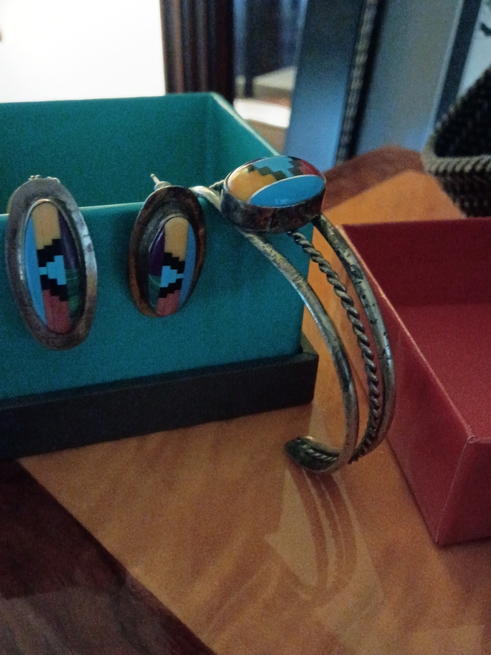 Sterling Silver Inlay Cuff Bracelet and Stud Earrings Set - Turquoise Multicolor